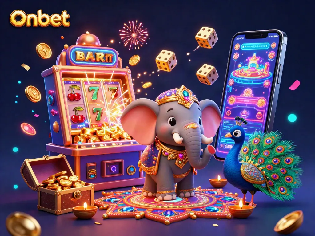 Play lucky games with Onbet's vibrant 3D casino scene featuring colorful elements and excitement.
