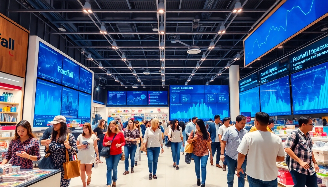 Illustration of retail footfall analytics scene showcasing shoppers and data interaction.