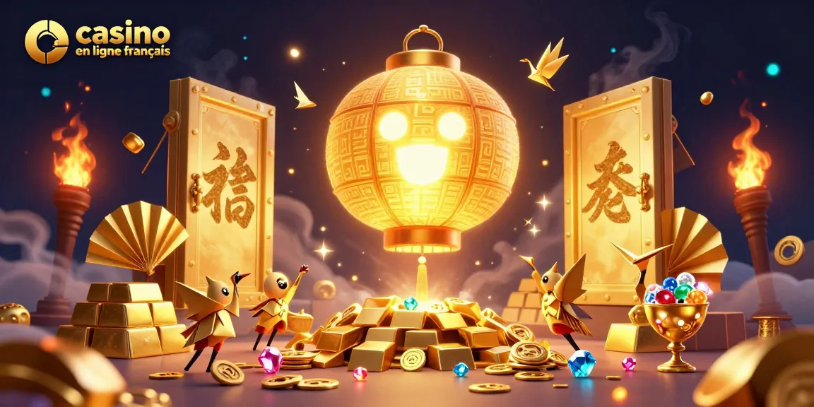 Plongez dans l'excitation du casino en ligne français avec cette illustration vibrante d'un esprit lanternes doré et des guerriers en papier.