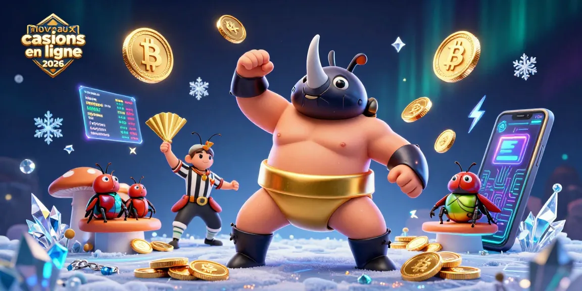 Illustration dynamique de nouveaux casinos en ligne 2026 avec un rhinocéros scarabée, un arbitre et des spectateurs