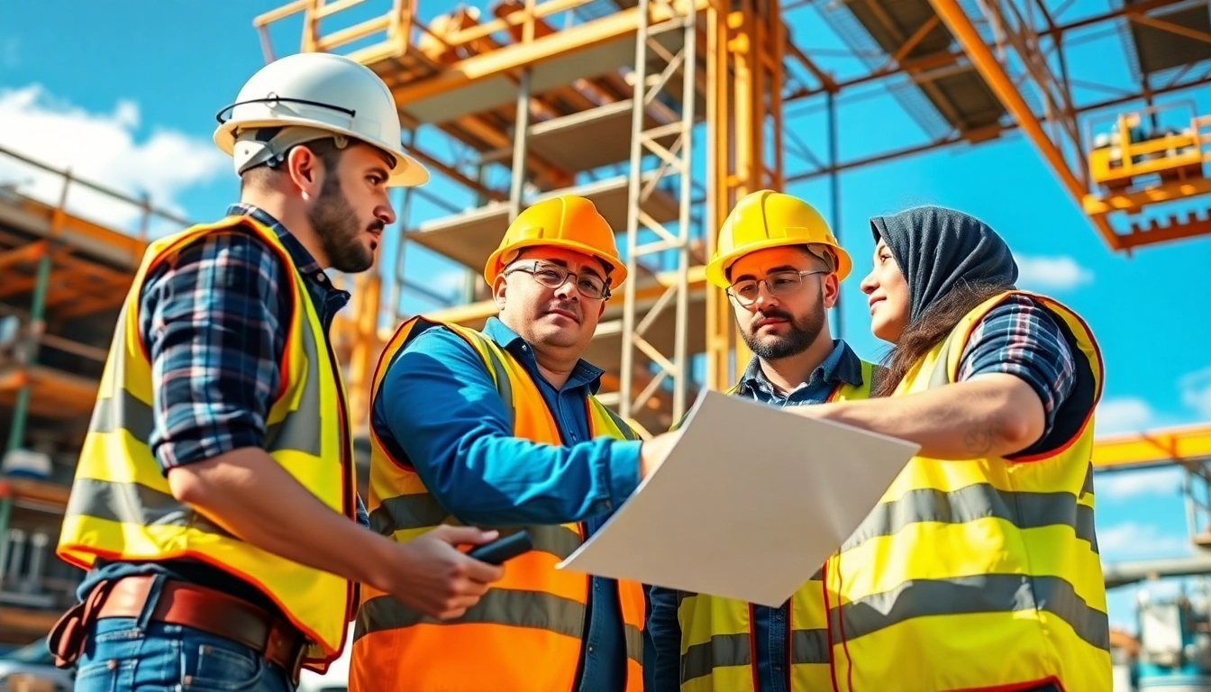Workers comp reduction construction showcased by professionals collaborating on safety inspections.