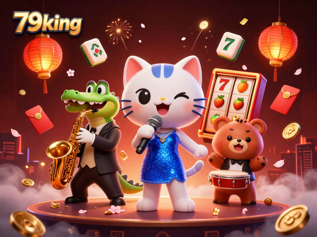 Engage with the lively scene featuring 79king characters at a casino, celebrating with slot reels.