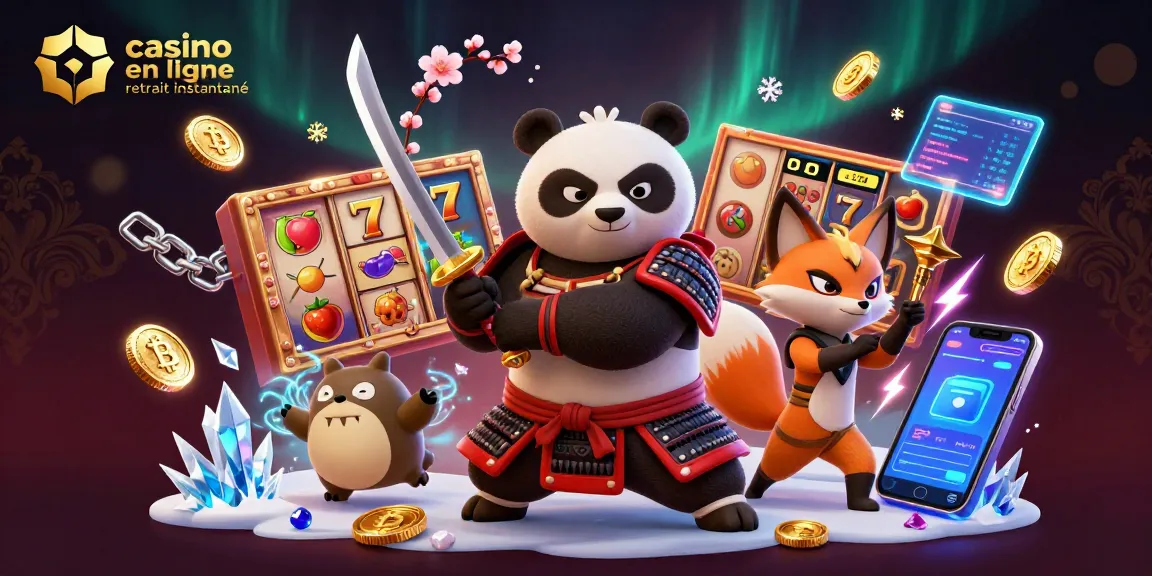 Visualisez l'univers du casino en ligne retrait instantané avec un panda samouraï, un renard ninja, et un tanuki.