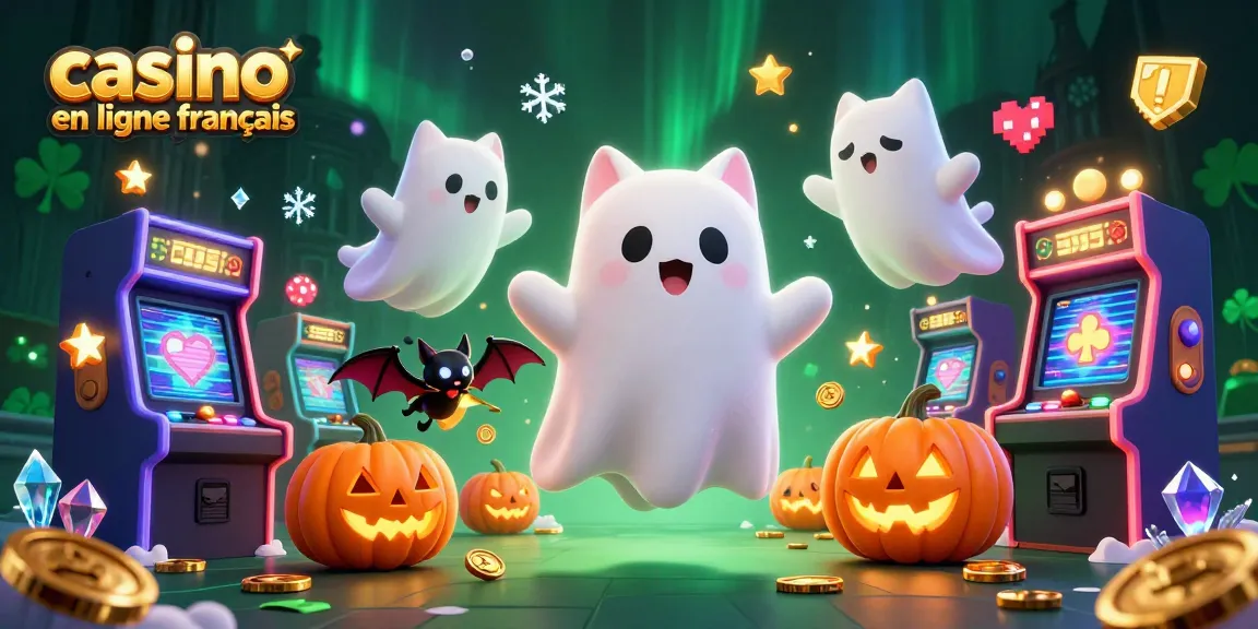 Le casino en ligne francais s'anime avec un chat fantôme, une chauve-souris et des éléments de jeu lumineux.