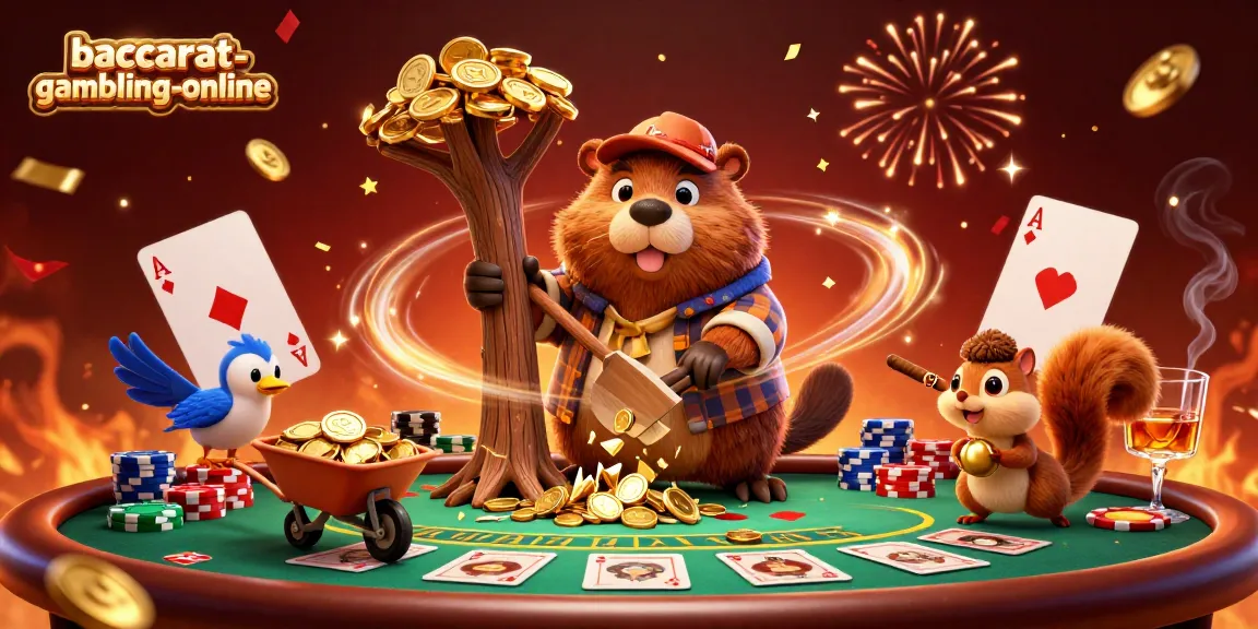 Baccarat-gambling-online showcases a vibrant casino scene with cartoon characters engaging in a golden coin celebration.