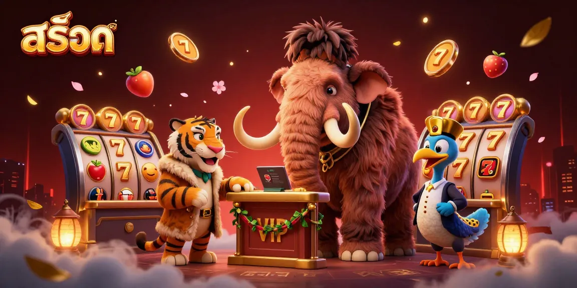 Play สล็อต with excitement as a woolly mammoth bouncer welcomes players at a vibrant casino.