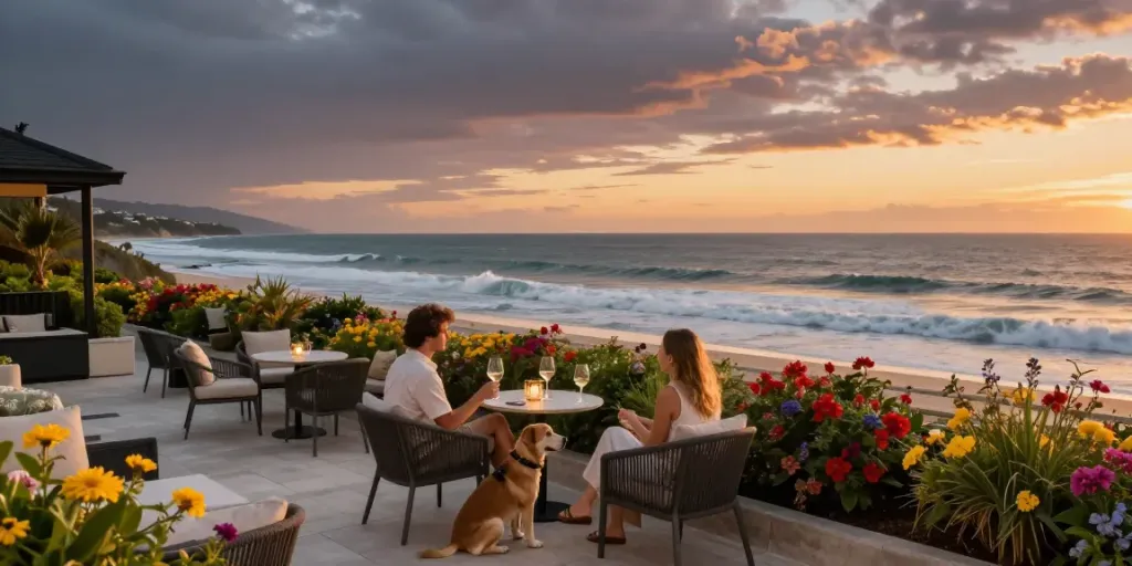 Pet-friendly hotel terrace view from hotel linen supplier with stunning sunset.