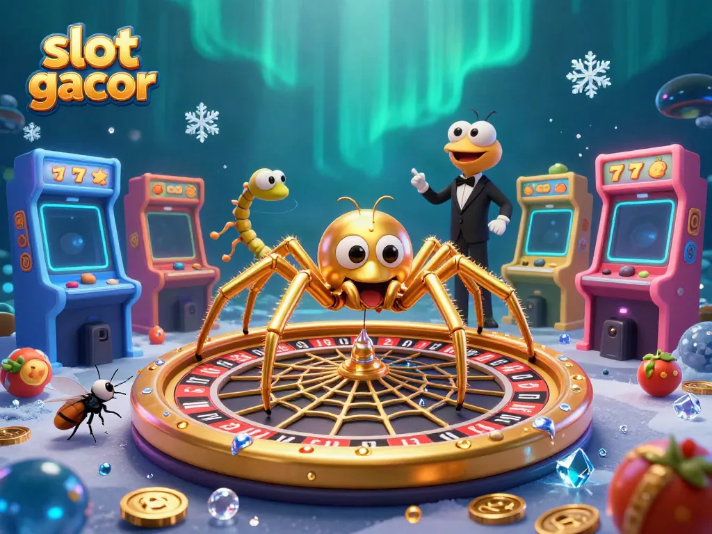 Experience slot gacor with a golden spider spinning a roulette web in a vibrant casino scene.