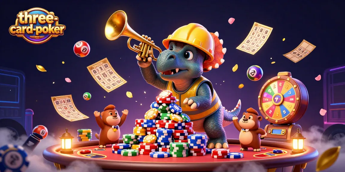 Engaging scene of three-card-poker action featuring animated characters celebrating around poker chips and vibrant game elements.