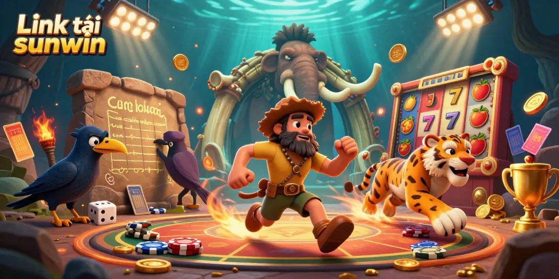 Engage with the rich world of Link tải sunwin, featuring vibrant casino characters in a prehistoric setting.