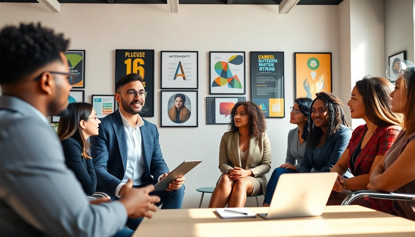 Empowering scene of individuals in a career coaching session, highlighting collaboration and guidance.