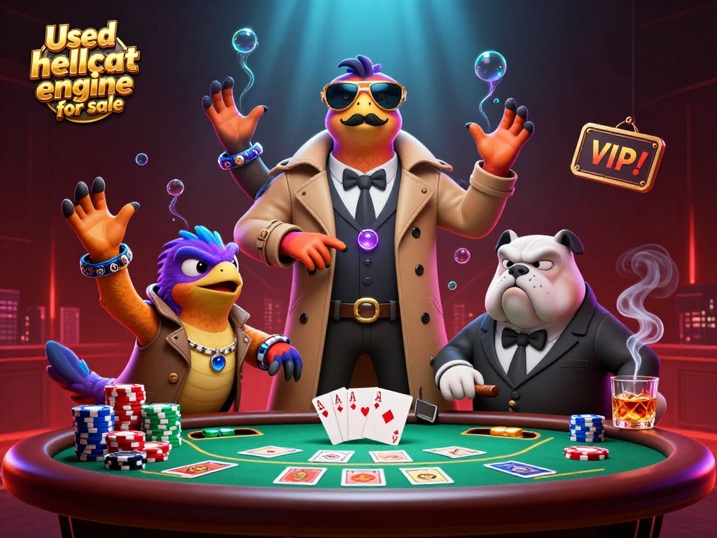 Engage in the thrill of gambling with a Used hellcat engine for sale surrounded by three raptors in a trench coat and casino elements.