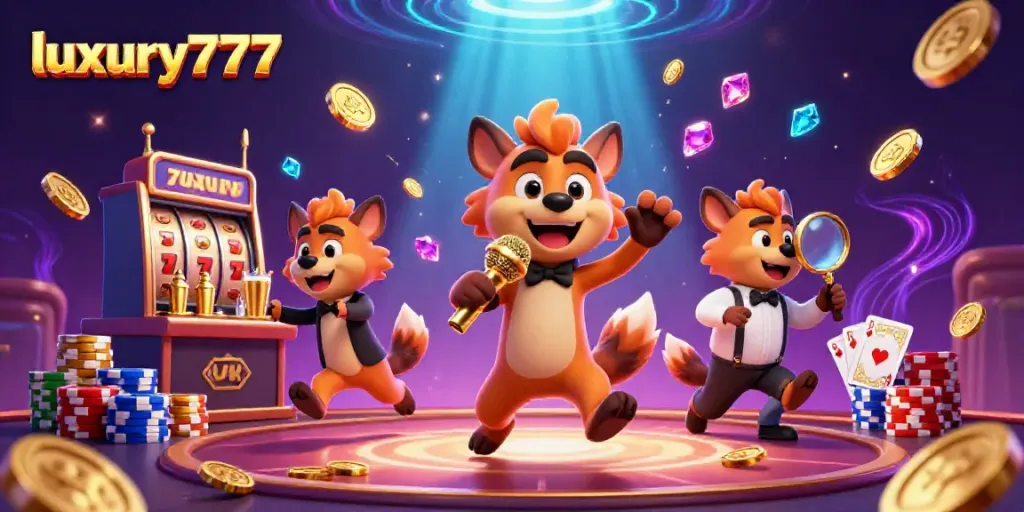 Watch hyenas entertain in luxury777 casino amidst a flurry of coins and dazzling game elements.