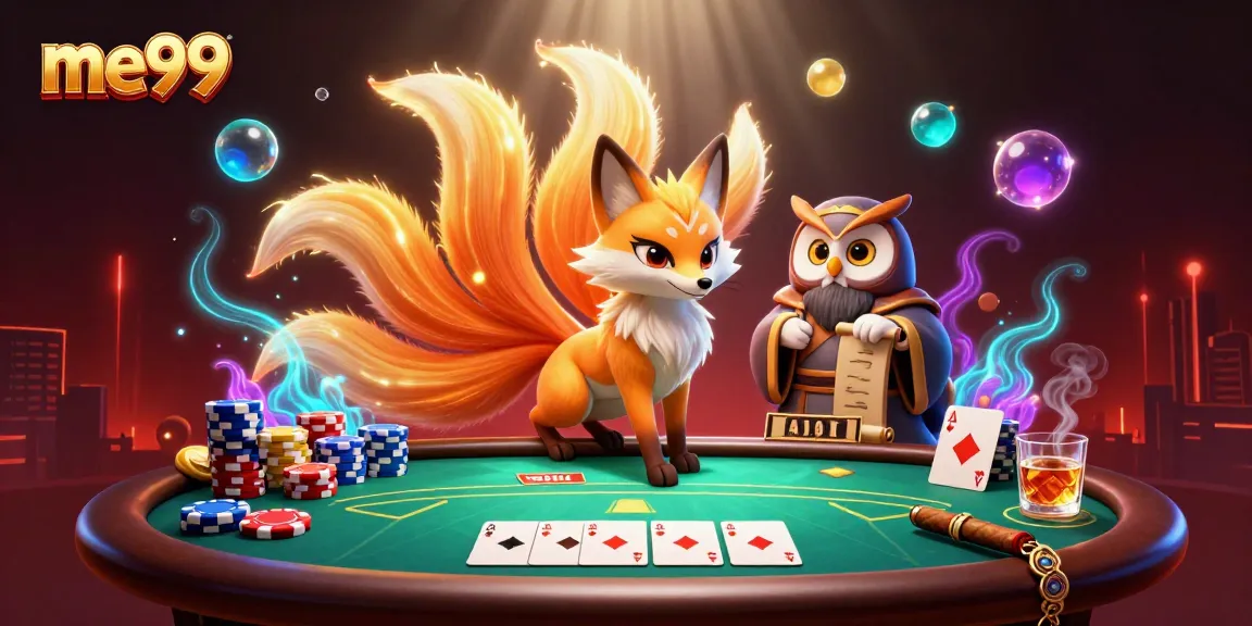Experience vibrant gaming action at me99 with a mystical fox and poker elements amidst an enchanting backdrop.