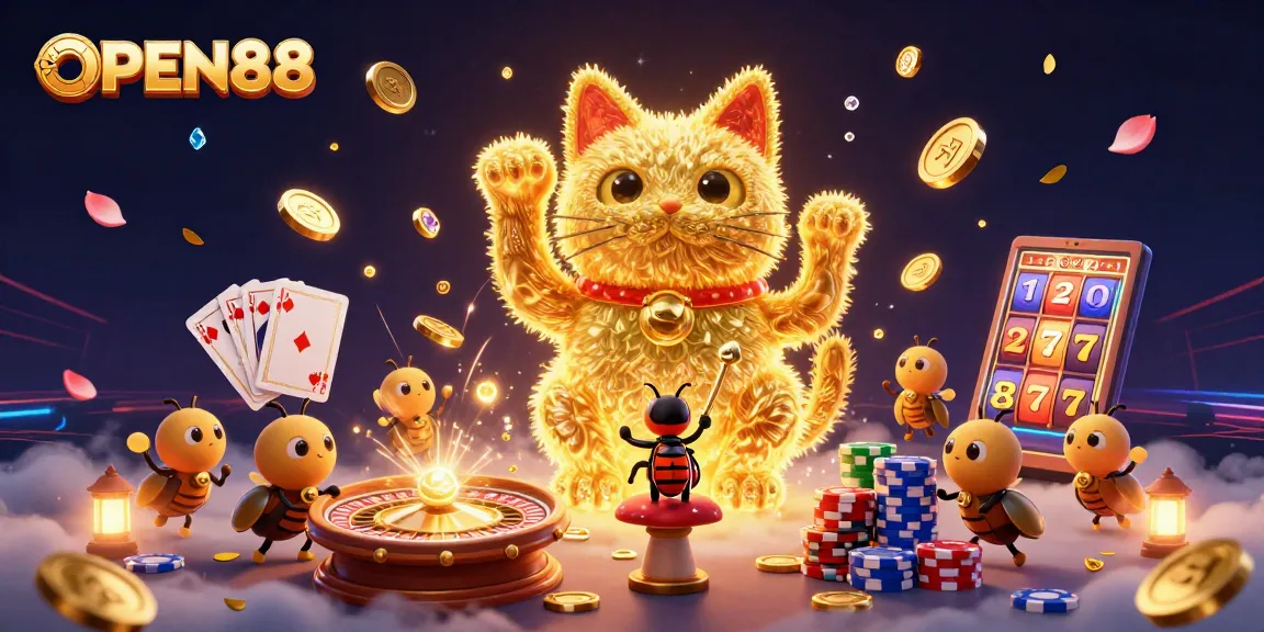 Engage with the lively ambiance of OPEN88, featuring a giant lucky cat and casino elements.