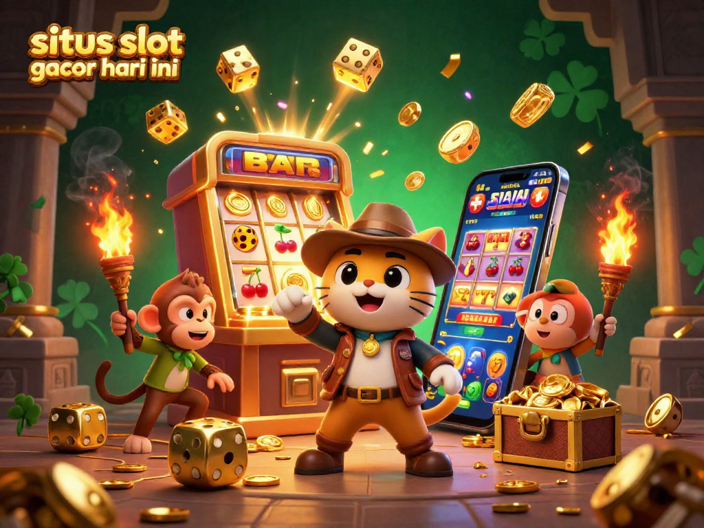 situs slot gacor hari ini showcases a lively scene of an explorer cat and monkey finding casino treasures amidst dynamic gaming elements.
