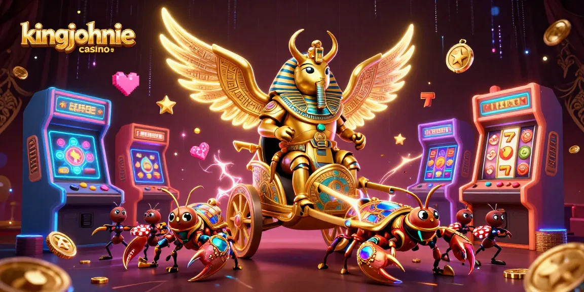 Engage with kingjohnnie casino through vibrant 3D gaming characters and colorful slot gaming elements.