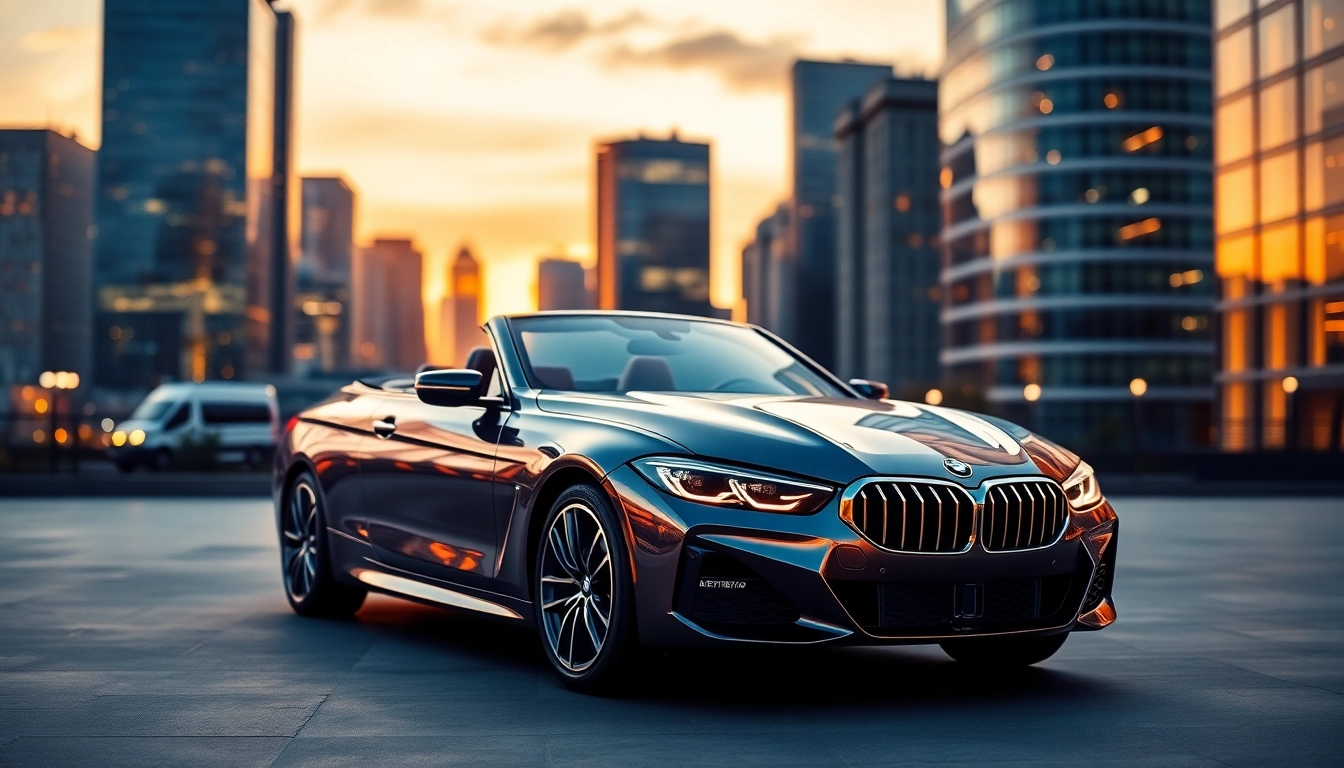 Luxury BMW car parked in a vibrant cityscape, showcasing its elegance and luxury features.