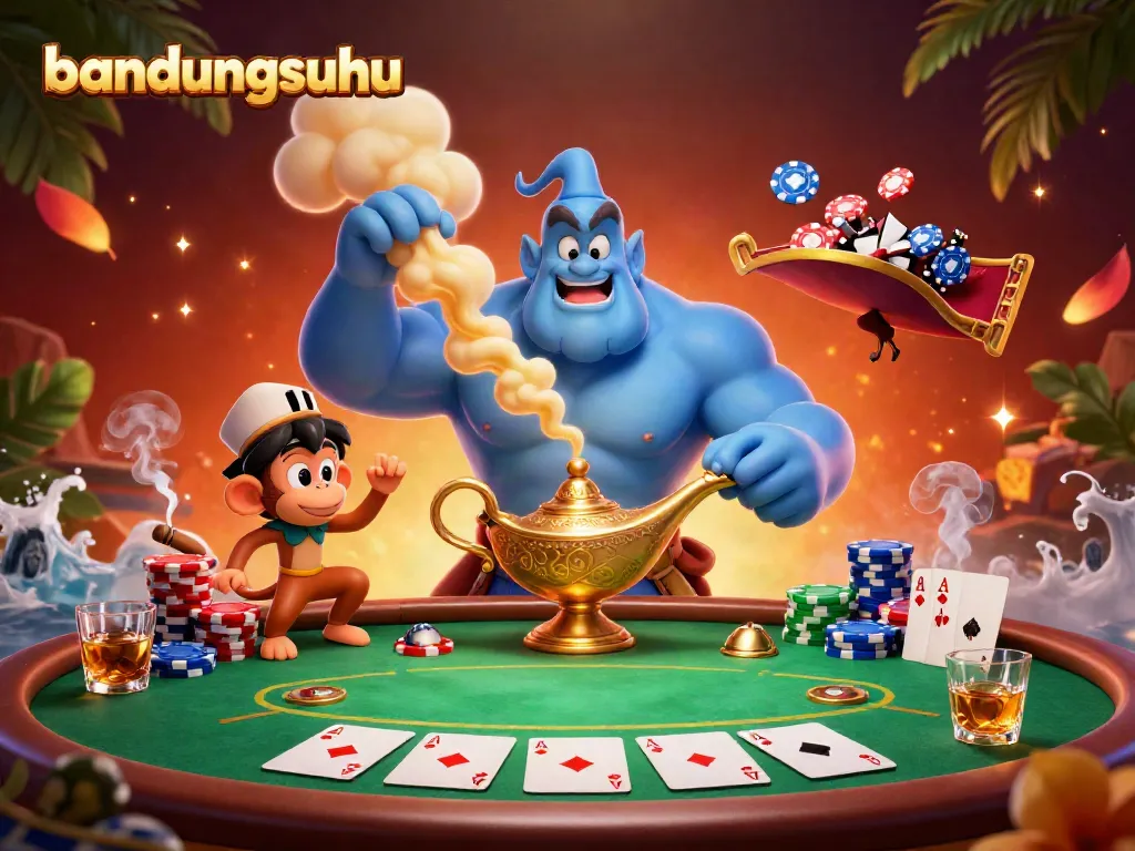 Experience lively action in bandungsuhu casino as a genie emerges from a lamp amidst poker stakes and vibrant gaming elements.
