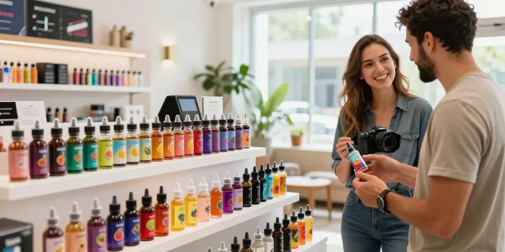 Customer exploring an alternativ e-liquid bundle display in a modern vape shop with vibrant flavors.