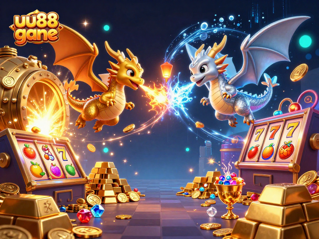 uu88 gane showcases an exciting scene of winning slot machine elements with dynamic dragons.