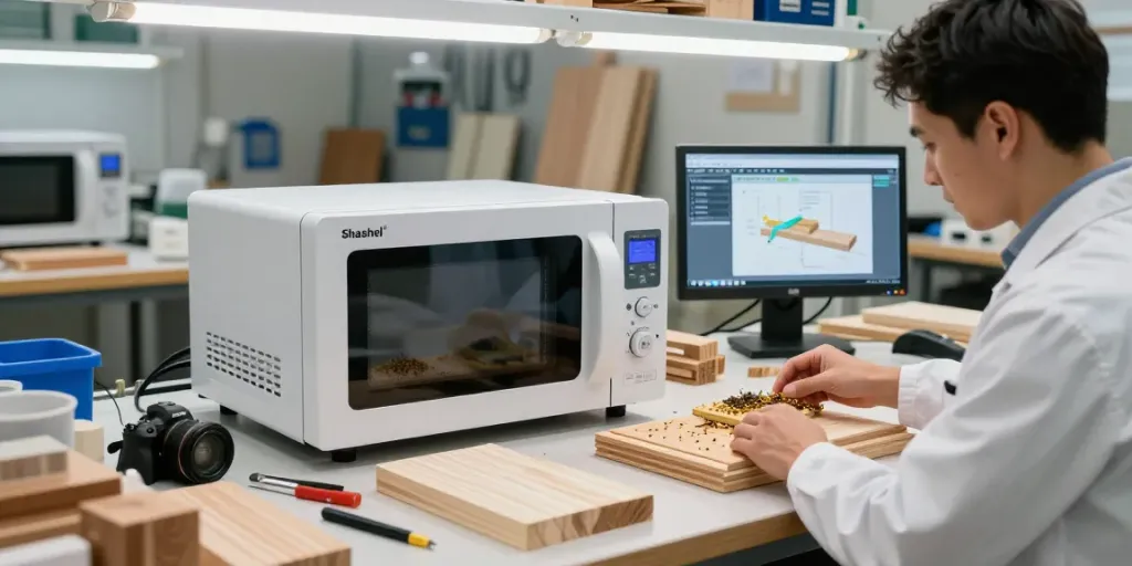 Shashel® microwave treatment in workshop for eliminating wood-boring insects with technician demonstrating safety and efficiency.