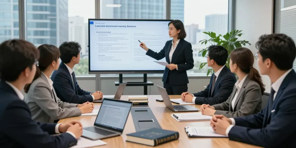 Lead Roedl team collaborating in a modern legal strategy meeting showcasing expertise in international law.