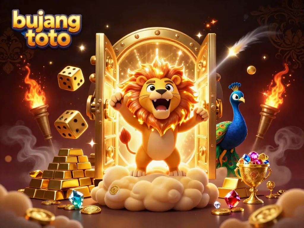 Bujang toto showcases a vibrant illustration of a roaring lion on golden clouds amidst treasure symbols.