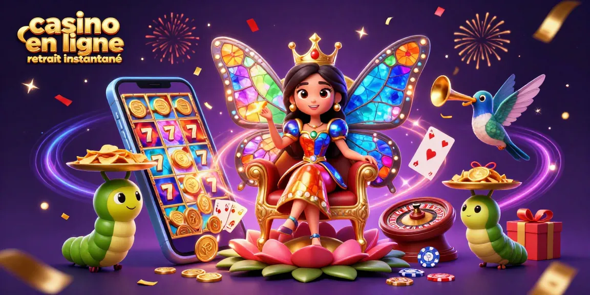 Casino en ligne retrait instantané : illustration festive avec une reine papillon et des jeux de casino colorés.