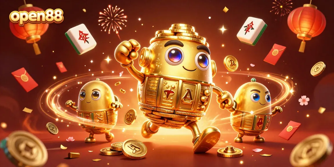 Engage with open88's vibrant casino world featuring a golden golem, festive elements, and dynamic gaming symbols.