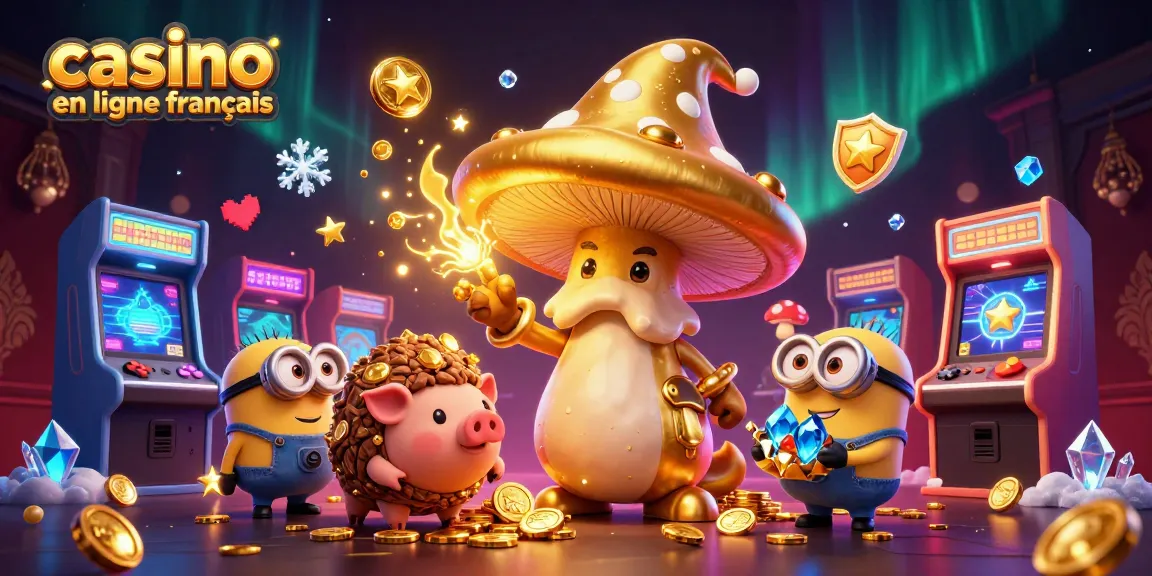 Plongez dans l'univers du meilleur casino en ligne français, avec des personnages en 3D entourés de machines de jeu et de trésors.