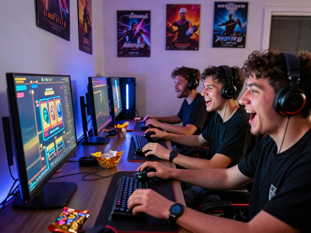 Exciting gaming setup featuring friends enjoying a slot online terpercaya session together