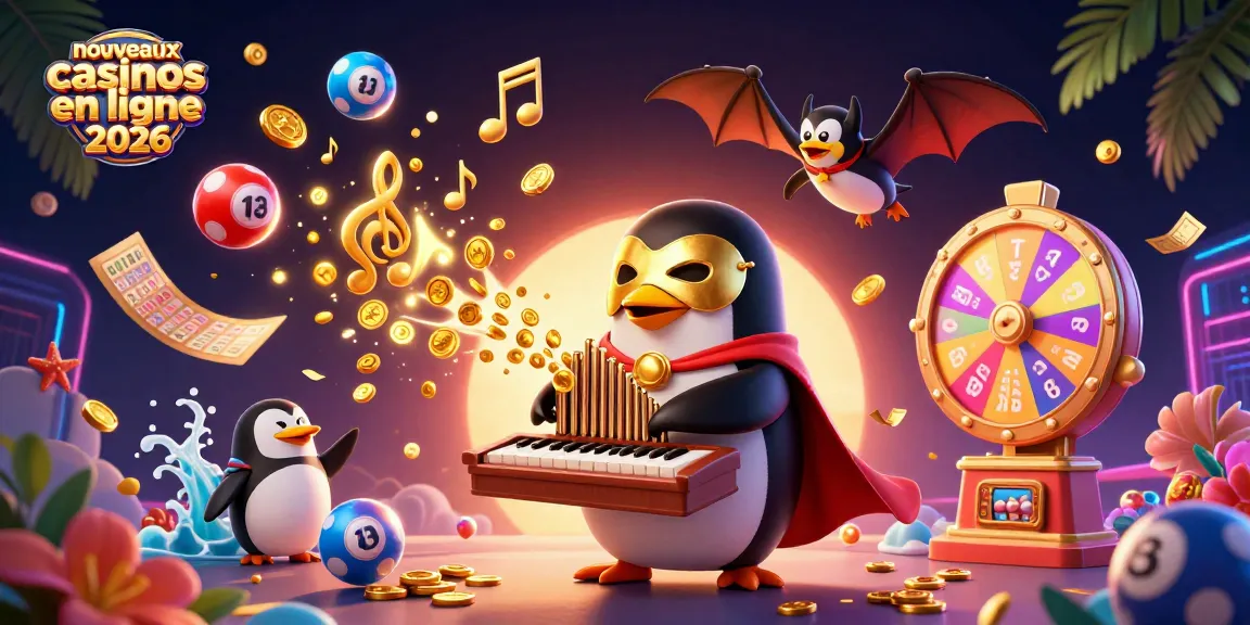 Visuel dynamique avec le penguin fantôme des nouveaux casinos en ligne 2026 jouant un orgue, des balles de loterie et effets dorés.