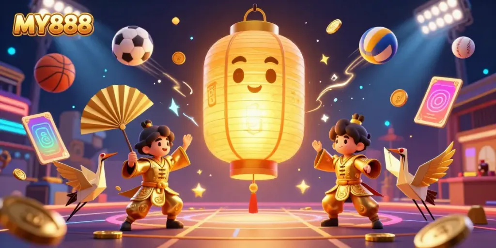 Experience exciting gameplay at MY888 with a vibrant illustration of golden spirits and dynamic sports betting elements.