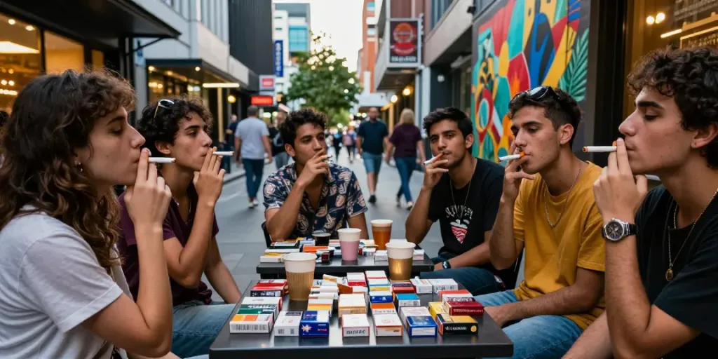 Social gathering showing friends enjoying budget cigarette and top smokes Australia outdoors in a vibrant urban setting.