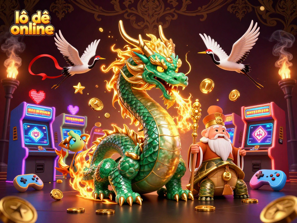 Experience lô đề online with a vibrant 3D illustration featuring a dragon, turtle, and flying cranes.