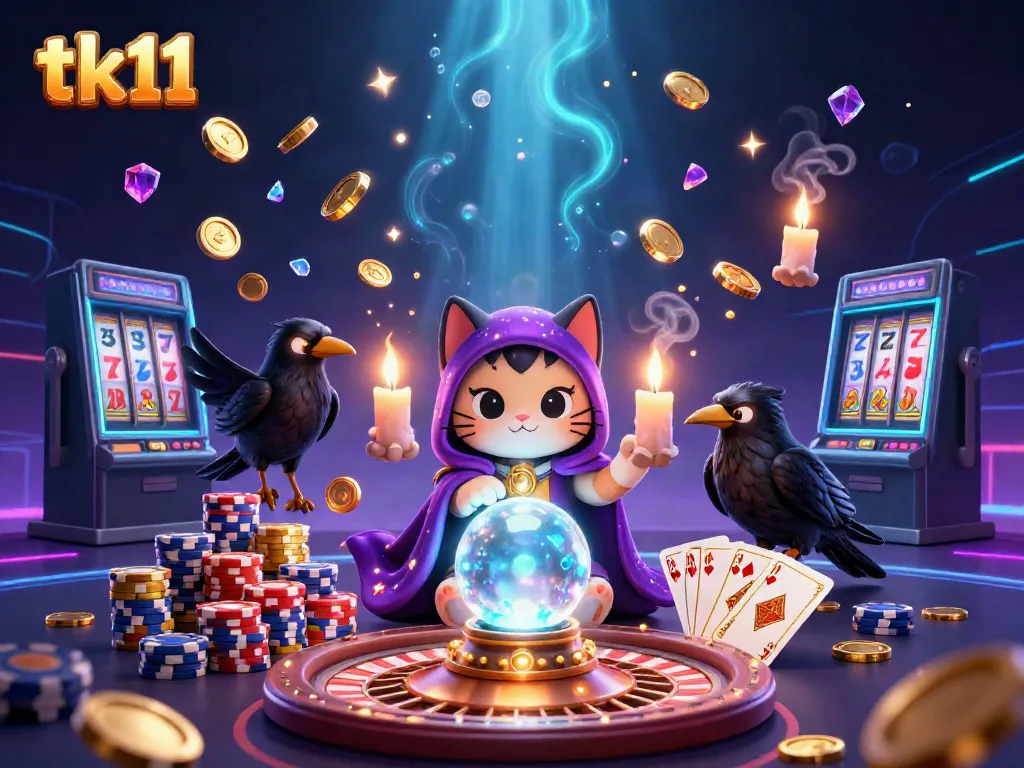 tk11 engages players with a vibrant 3D casino scene of a mystical cat and raven.