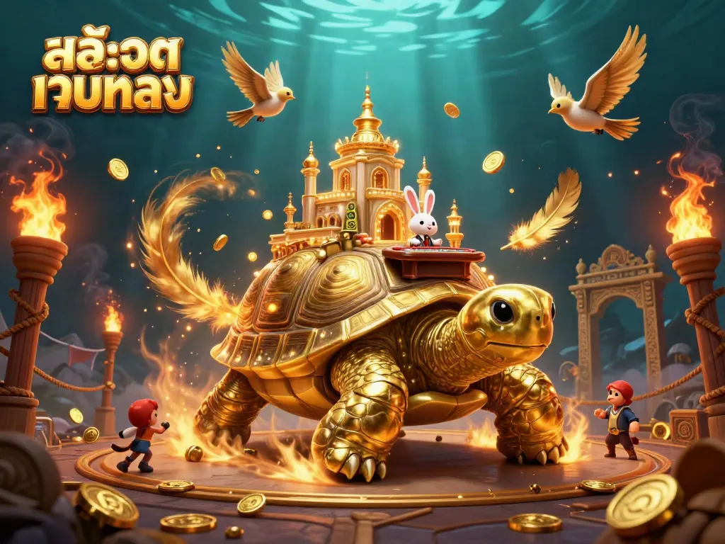ภาพการเล่นเกมคาสิโนออนไลน์ สล็อตเว็บตรง ที่มีเต่าทองคำขนาดยักษ์เป็นศูนย์กลาง