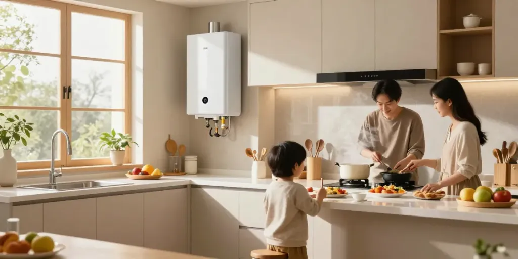 Efficient hot water tanks integrated into a modern kitchen setting