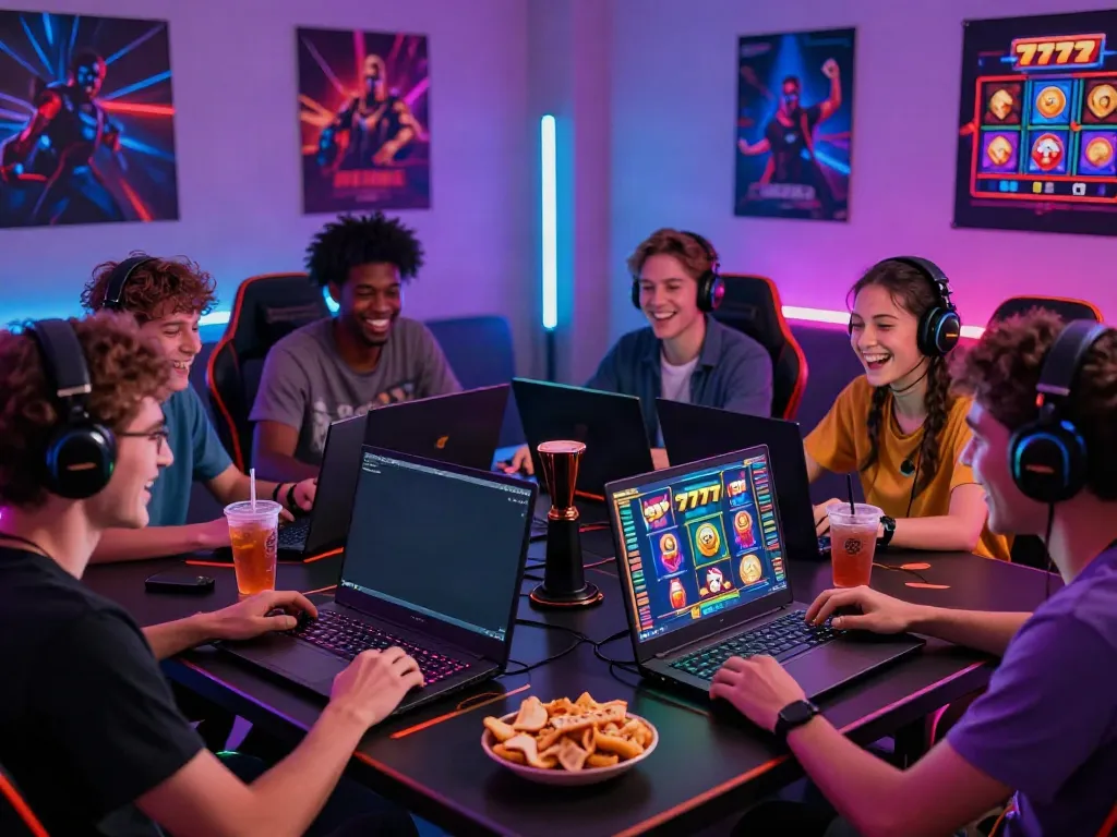 Permainan slot777 sedang dimainkan oleh teman-teman di meja gaming dengan lampu LED berwarna-warni.