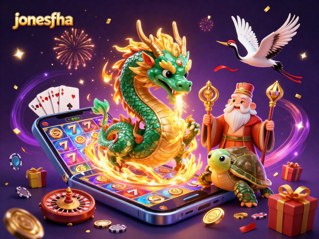 Spin the reels at jonesfha with a dynamic 3D illustration of a jade dragon and magical casino elements.