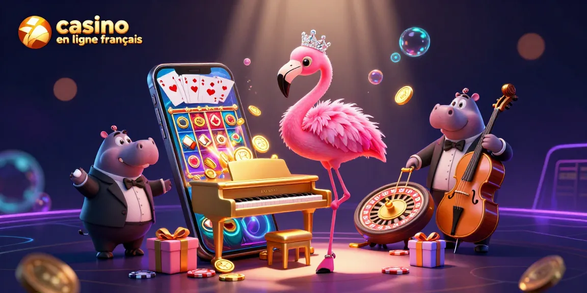 Jouer au casino en ligne français avec la chanteuse flamant et le bassiste hippopotame dans une scène dynamique, enrichie de jeux et de jetons.