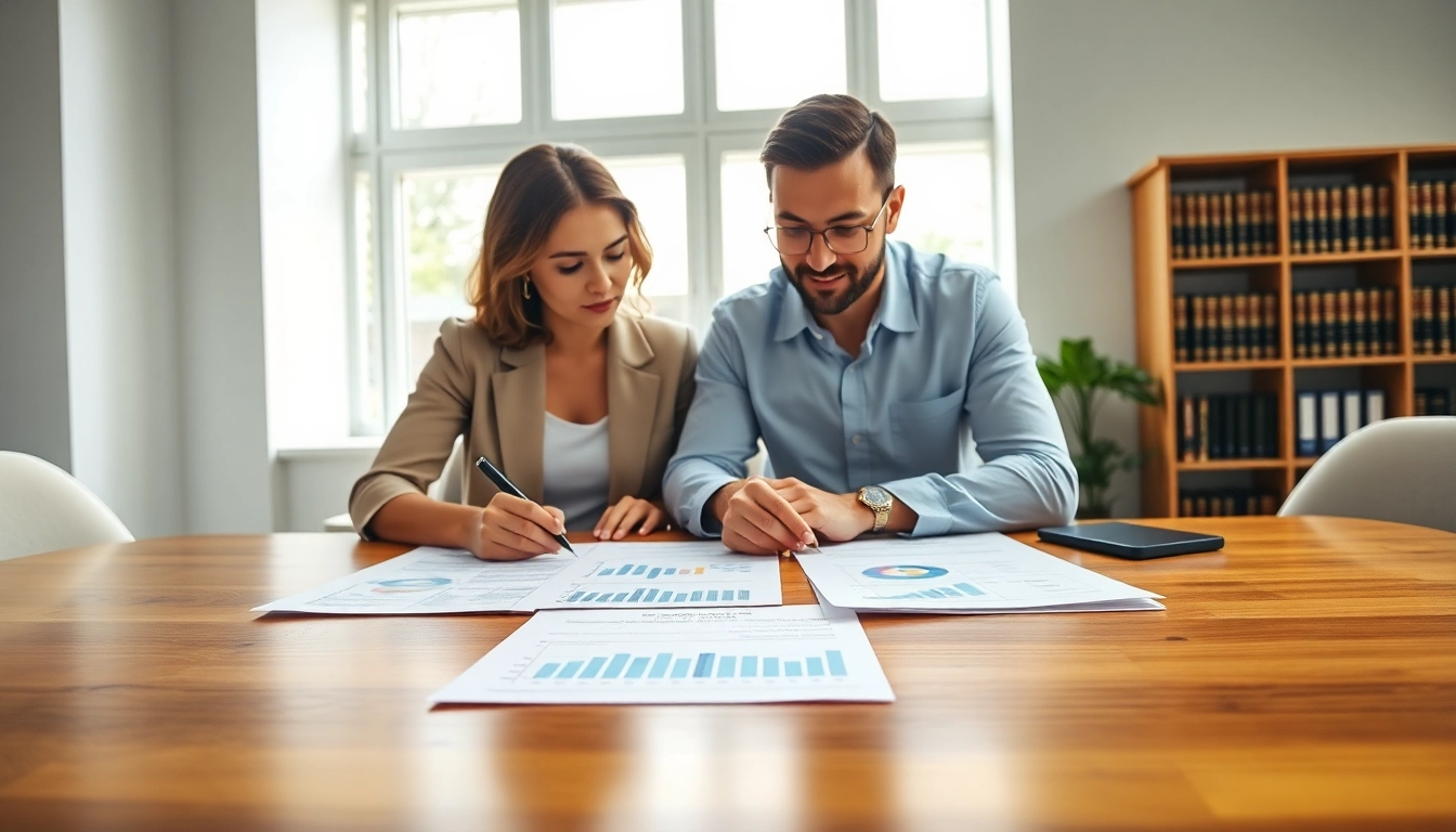 Couple discussing Family Law Financial Agreements in a modern office setting.