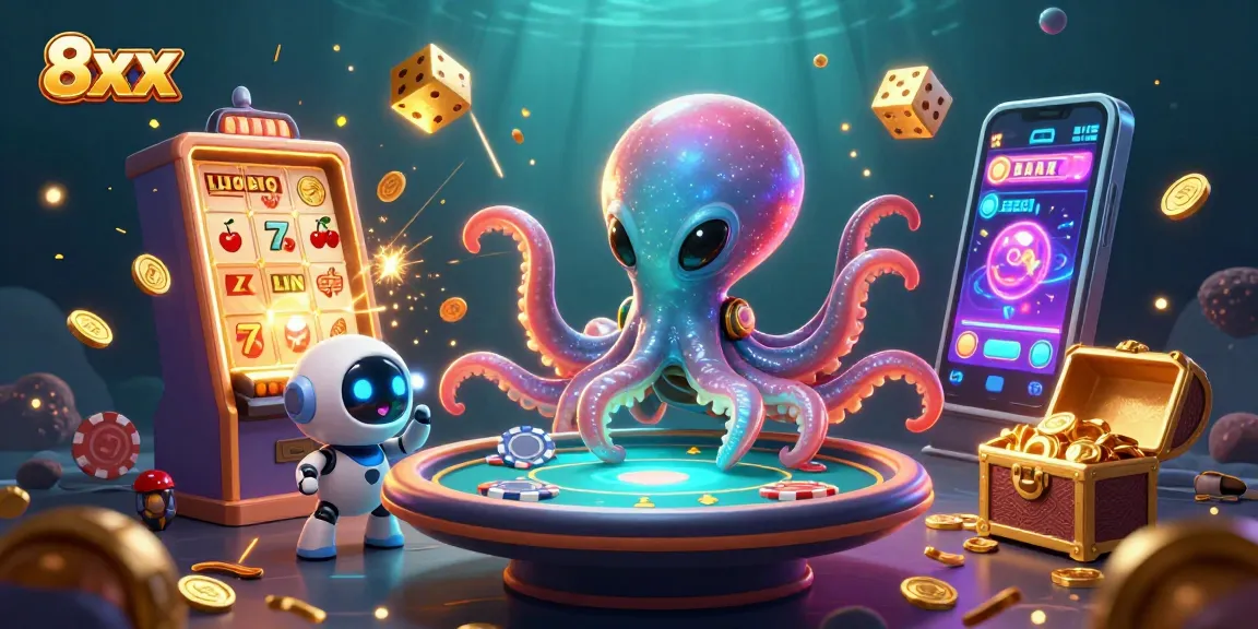 Engage with 8xx's thrilling gaming universe through a colorful and dynamic online casino scene.