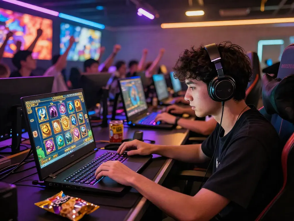 Exciting slot online gaming scene with player focused on laptop in vibrant esports arena.