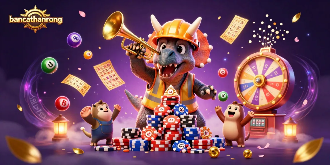Bancathanrong showcases a vibrant and dynamic 3D casino scene with engaging cartoon dinosaurs celebrating gaming wins.