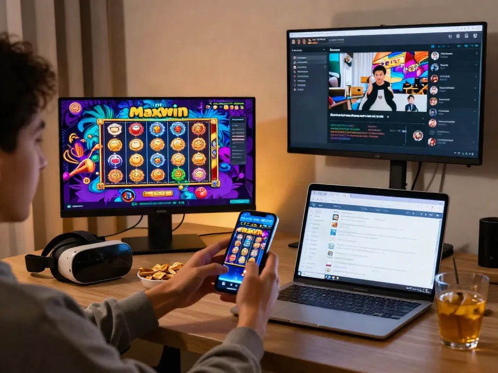 Playing slot gacor maxwin on a smartphone in a cozy gaming room.