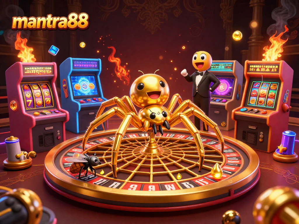 Experience the thrilling world of mantra88 with a 3D illustration of gambling action and vibrant game elements.