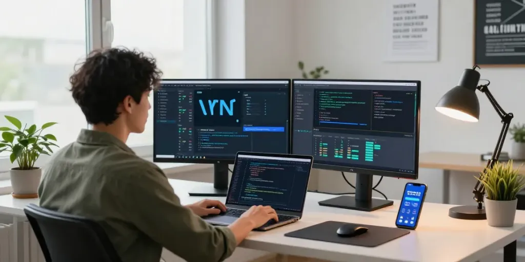 快连VPN技术的开发者在现代办公环境中工作，显示了网络安全和连接状态