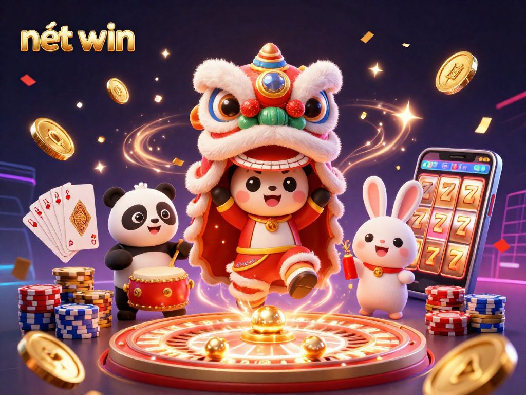 Experience the thrill of nét win with animated characters celebrating wins and showcasing exciting casino elements.